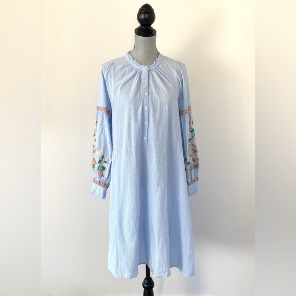 Antik Batik Blue Striped Embroidered Shirt Dress Sz 40 Boho Cottage - Picture 2 of 13